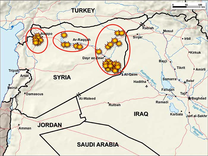 Map indicates the U.S. strike against ISIS on Monday.