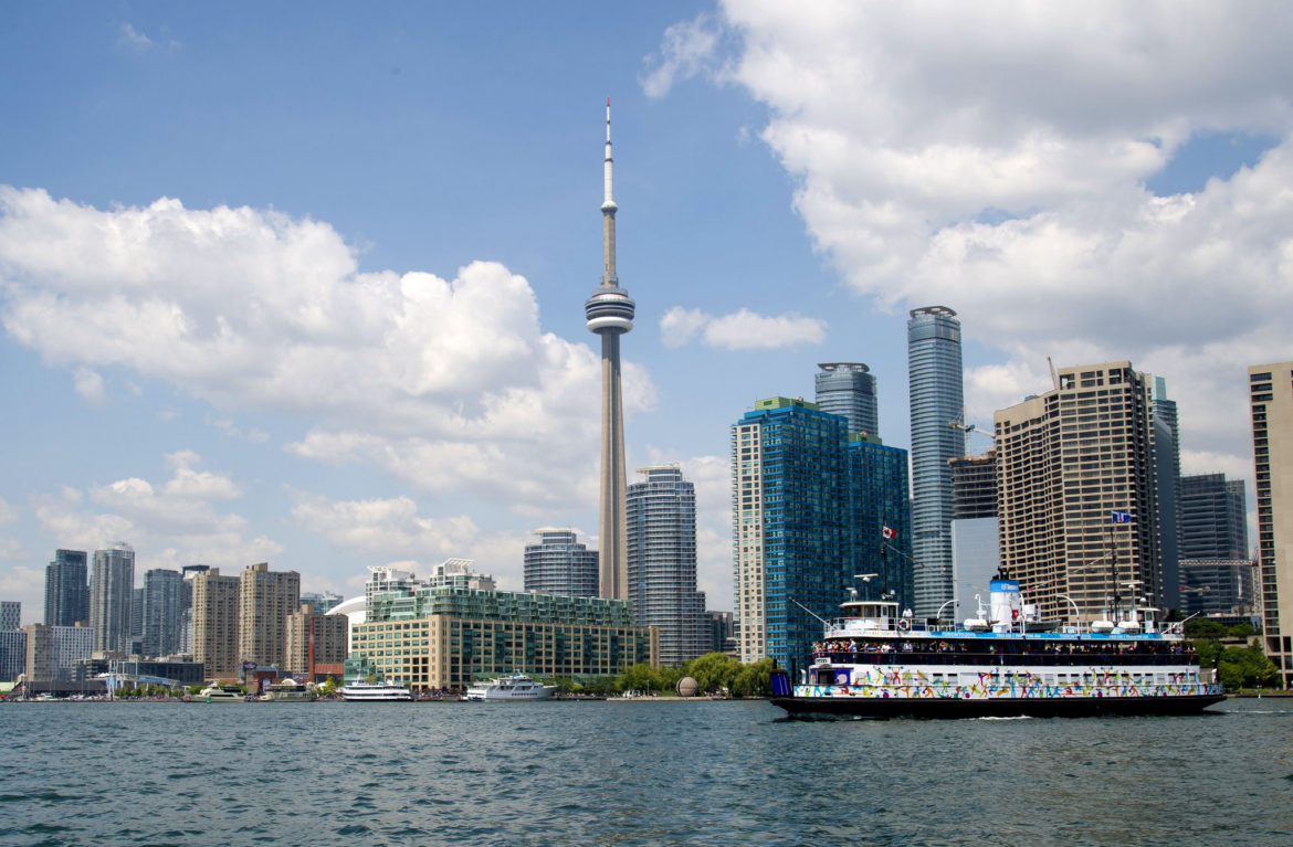 Toronto Island ferry on its way to the Islands, with the CN Tower in the background