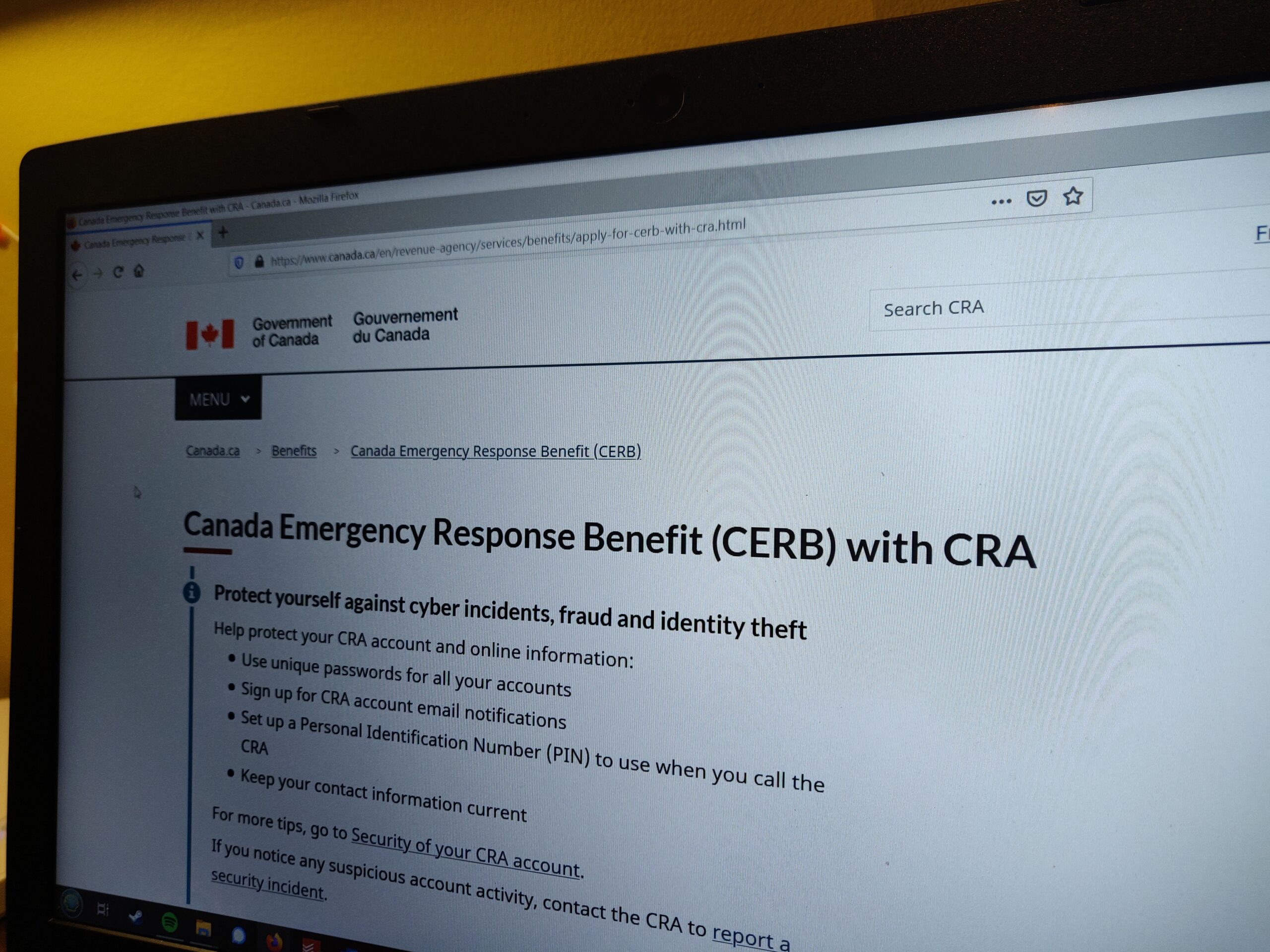 The landing page for the Canada Emergency Response Benefit is seen on Thursday, September 17, 2020. (Humber News/File Photo)