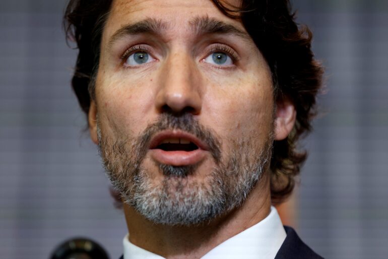 FILE PHOTO: Canada's Prime Minister Justin Trudeau speaks during a news conference at a Cabinet retreat in Ottawa, Ontario, Canada September 14, 2020. REUTERS/Blair Gable/File Photo