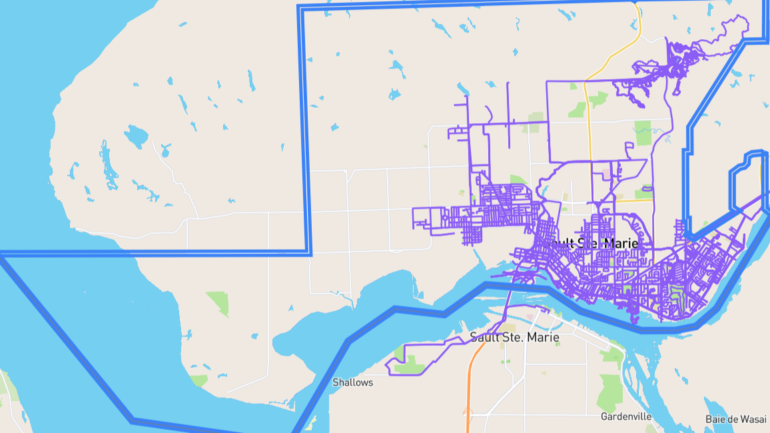 Screenshot of Sault Ste. Marie, Ont. map. All the streets that Jonathan has run are in purple.