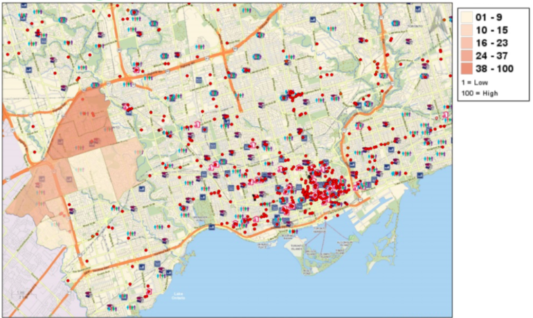 A map with red points to show the areas where community services are available in Toronto. To the left, Central Etobicoke is seen with very little community service locations.