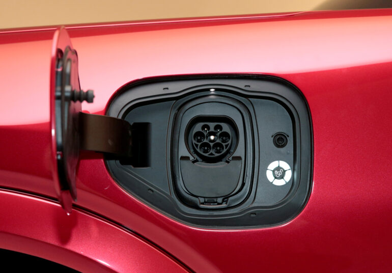 The charging socket of a Ford Motor Co's all-new electric Mustang Mach-E vehicle in Warren, Mich. The union Unifor, auto makers and Canadian governments are working to transform manufacturing from gas engines to electric vehicles.