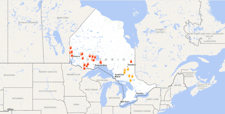 A screenshot of an interactive map showing perimeters for some fires over 40 hectares in size in Ontario.