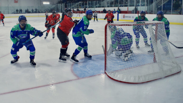 Connecticut Whale collapse around their goalie  as the puck clears the area during last Saturday's game against the Toronto 6ix at York University.