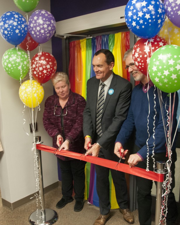 Humber College President and CEO Chris Whitaker, centre, seen here with Maureen Carnegie and Thomas Wilcox-Childs opening of new LGBTQ+ resource centre at Humber College’s North campus. A search committee has been formed to find a replacement for Whitaker, who is retiring.