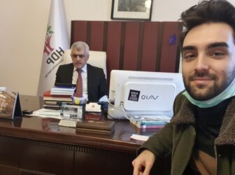 Ömer Faruk Gergerlioğlu in the middle and his Son Salih Gergerlioğlu on the right keep guarding in the Parliament office the third day of the resistance, on March 20.
