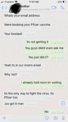 Text messages between Michael Macbean and his brother after finding out a vaccine was booked on his behalf.