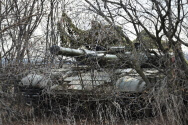 A tank of the Ukrainian Armed Forces is seen during drills at an area of the Joint Forces Operation in an unknown location in Eastern Ukraine, in this handout picture released April 20.