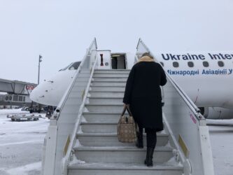 Finally boarding the flight in Kyiv to Amsterdam to begin on Feb. 11 the second part of the return journey to Humber College.