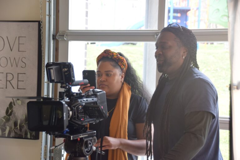 Filmmaker Guyleigh Johnson (left) on the set of Scratching the Surface with Production Manager Sobaz Benjamin (right) in Halifax, N.S., Nov.14, 2021. Photo Credit: Courtesy/Guyleigh Johnson