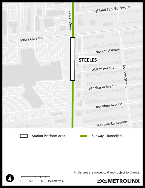 A map of the where the extension will be travelling along Steeles Avenue and Yonge Street