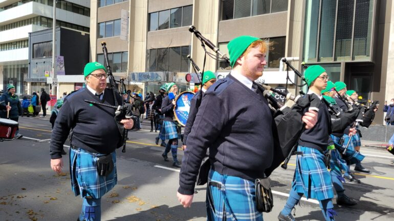 Tradional band in kilts perfomed during Toronto's St. Patricks Parade.