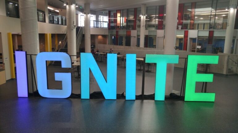The picture shows the words IGNITE placed near Humber's cafeteria.