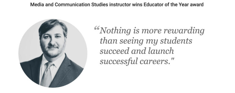 Photo of Heath Applebaum beside a pull quote that says "Nothing is more rewarding than seeing my students succeed and launch successful careers."