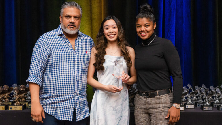 From left, Head Coach Ajay Sharma, Nikki Ylagan and Hawks Alumni Ceejay Nofuente. Ylagan being named the Coaches pick on the Women's basketball team at Humber Athletics Banquet.