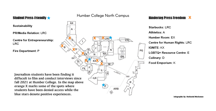 Graphic of campus map showing places students can't film