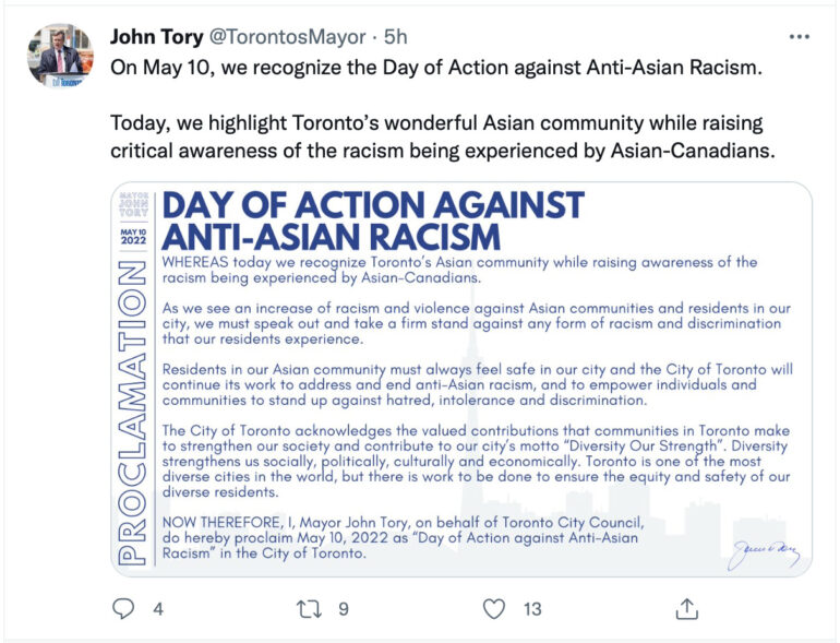 Toronto Mayor John Tory tweets about the Anti-Asian Racism Day.