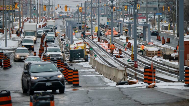 View looking east towards the continuing construction of the Eglinton Crosstown LRT in January 2021. This section of the line is above grade and was between Warden Avenue and Kennedy Road.