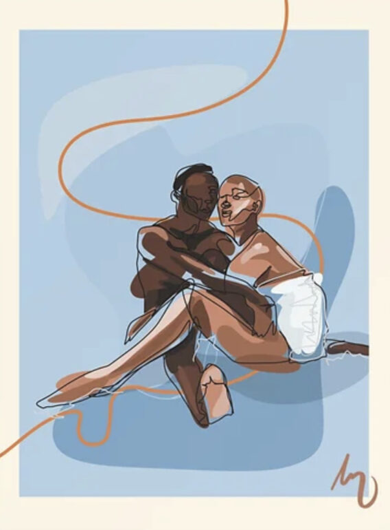 Digital drawing of a man and a woman about to hug each other while sitting on the floor.