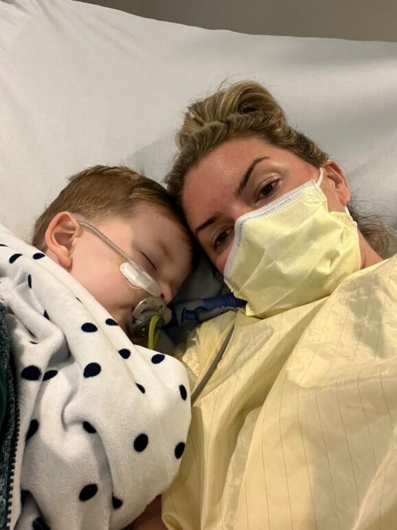 Keri Graham and her three-year-old son Tyler in the ICU at The Children's Hospital in London after his respiratory syncytial virus worsened.