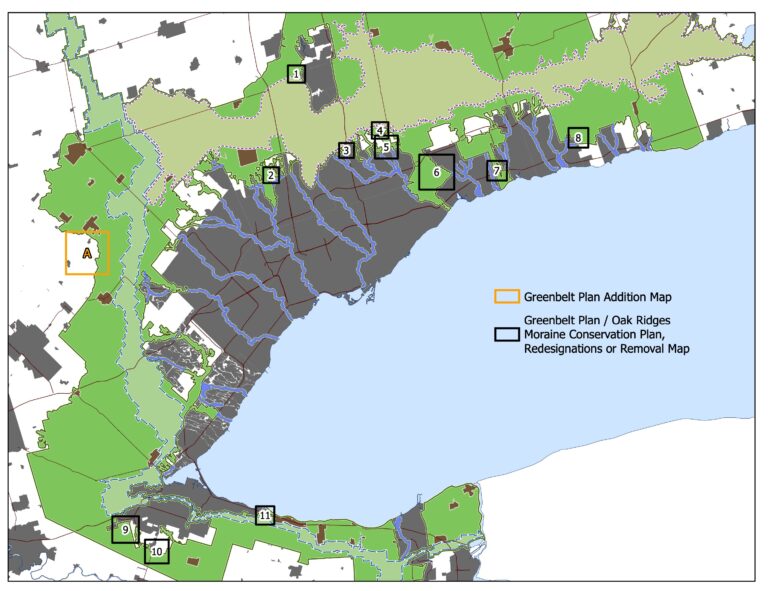 Overview map of removal and re-designated areas for Premier Doug Ford's Greenbelt housing plan.