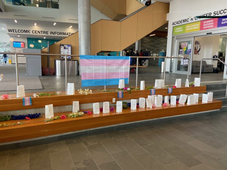 Transgender Day of Remembrance vigil, set up in the Learning Resource Commons. White bags contained items including white tea lights, which displayed the names of those lost.