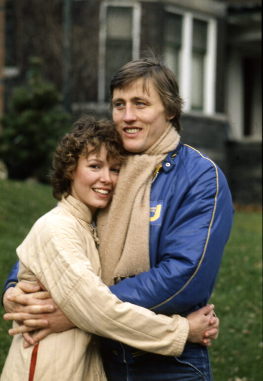 Swedish ice hockey player Borje Salming and his wife Margitta Wendin outside their house in Toronto in December 1977. Borje Salming plays for the Toronto Maple Leafs.