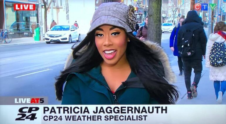 Former  weather specialist Patricia Jaggernauth reporting live at CP24