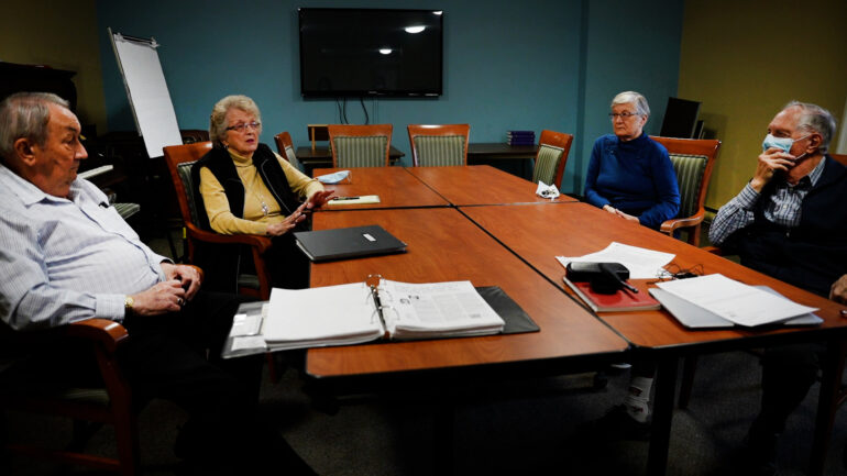 (left to right) Jim McLeod, Carol Beaver, Janine Laurence and Jim Potts are separated from their spouses at Fairview Mennonite Home in Cambridge, Ont.