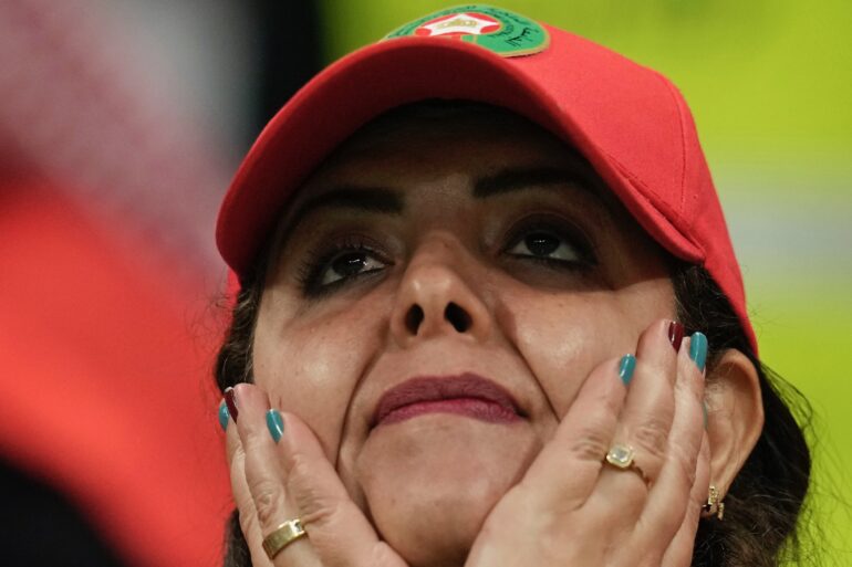 A supporter of Morocco reacts at the end of the World Cup semifinal soccer match between France and Morocco at the Al Bayt Stadium in Al Khor, Qatar, on Dec. 14, 2022. France won 2-0.