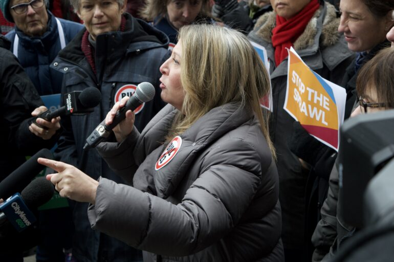 NDP Leader Marit Stiles speaking at the ROMA Conference Greenbelt Rally this week.