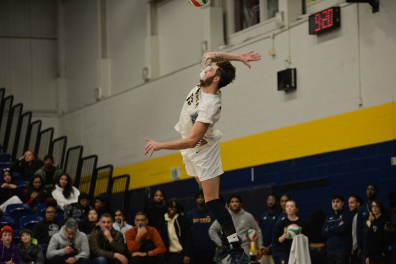 Gomes served the ball in the OCAA Men’s Volleyball.
