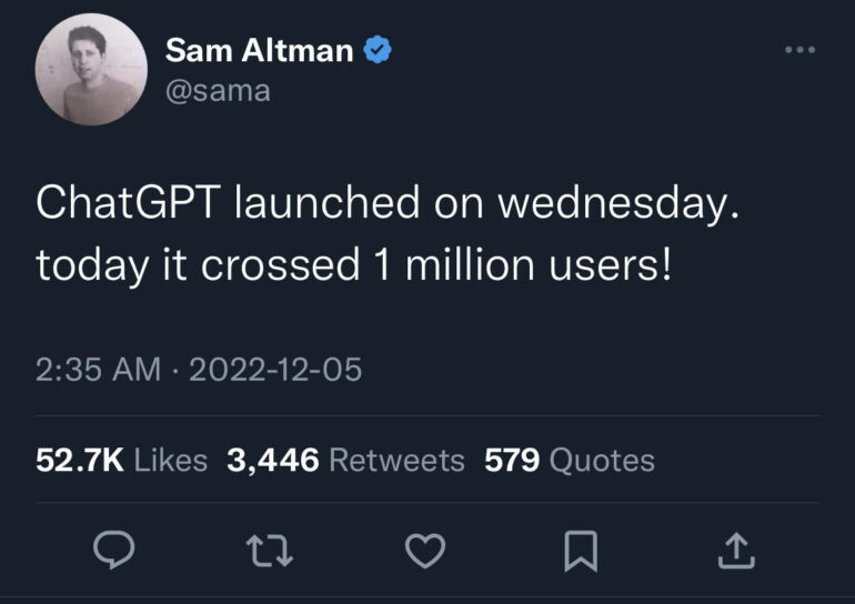 A picture of a tweet from Sam Altman, the owner of OpenAi.