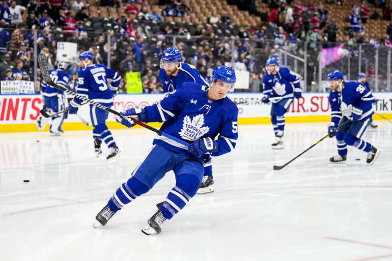 Newly acquired centre Noel Acciari #52 of the Toronto Maple Leafs warms up before facing the Montreal Canadiens at the Scotiabank Arena on February 18, 2023 in Toronto, Ontario, Canada. (Photo by Kevin Sousa/NHLI via Getty Images