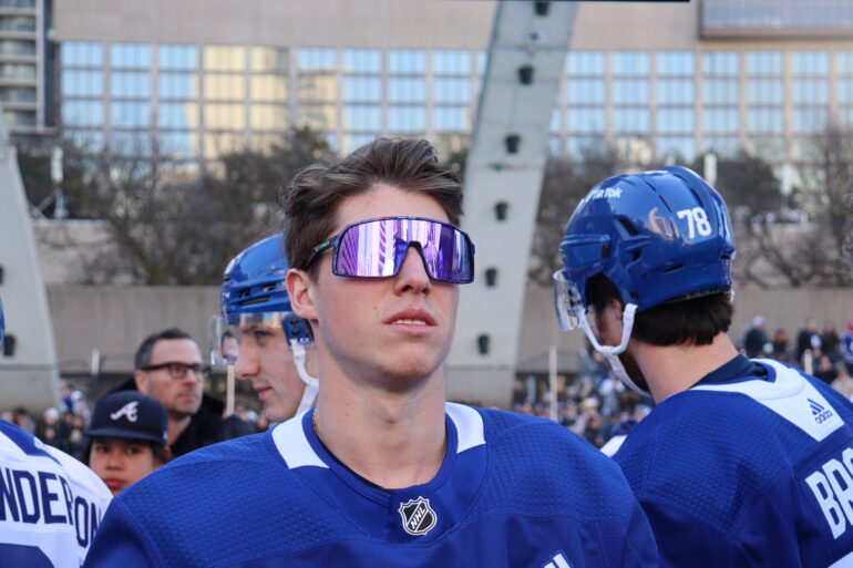 Forward Mitch Marner, member of Team Ontario came out on top in the 3 on 3 scrimmage over Team Europe at the Leafs outdoor practice at Nathan Phillps Square on Feb. 12, 2023. he said "for me it&squot;s about trying to give back as much as you can and try to make a difference in the world."
