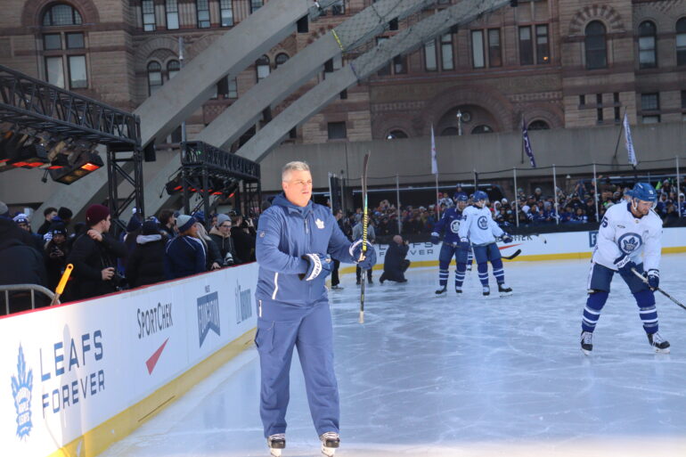 Head coach Sheldon Keefe skates on the ice at Nathan Phillips Square for the Leafs outdoor practice on Feb. 12 2023.