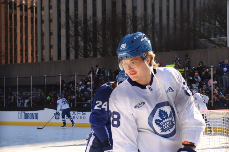 Forward William Nylander on the ice warming up for the Leafs Outdoor practice 3-on-3 scrimmage at Nathan Phillips Square in downtown Toronto on Feb. 12, 2023.