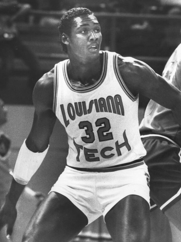 Karl Malone playing power forward during his time in college at Louisiana Tech.