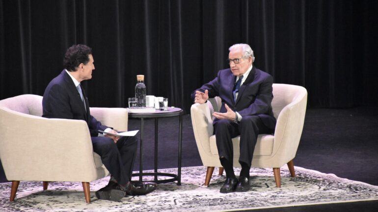 Bob Woodward and TVO host Steve Paikin sit in conversation at the Isabel Bader theatre in Toronto.