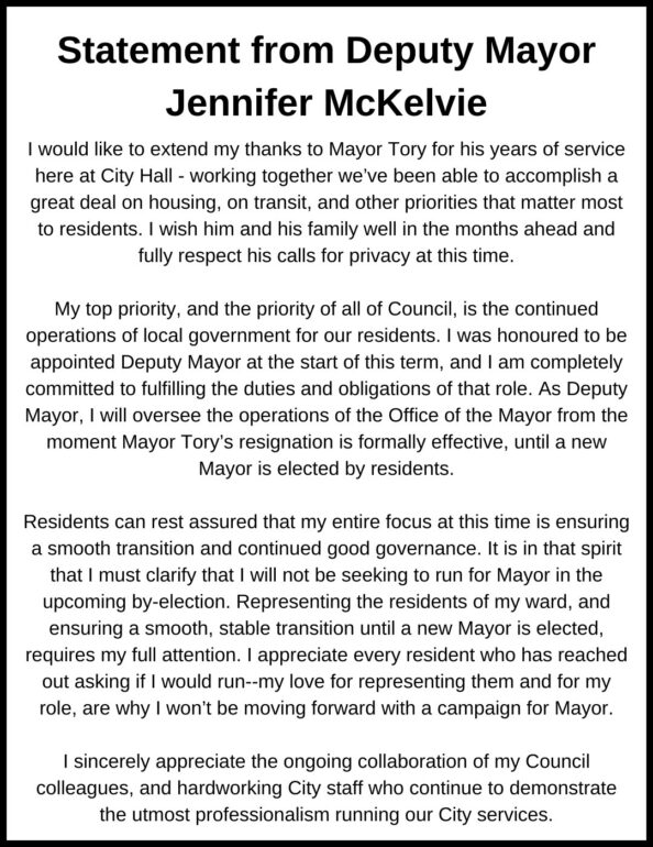 The statement from Deputy Mayor Jennifer McKelvie regarding her future in city council.