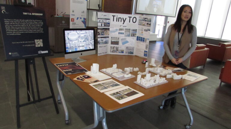 May Nguyen presenting the benefits and opportunities of Tiny T.O's internship at the Lakeshore campus event.