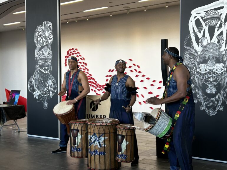 Toronto-based drumming group Alpha Rhythm Roots puts on performance for Humber students and faculty attending the event.