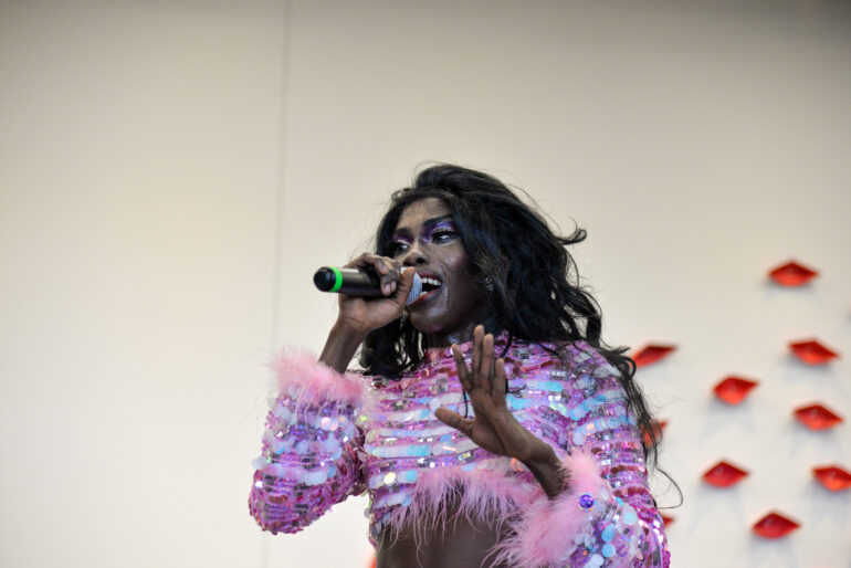 Naomi Leone wept when talking to the crowd during the Drag & Snack in Humber on Jan. 27, 2023.