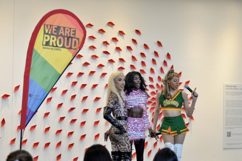 The drag queens (from left) Destiny Doll, Naomi Leone and The Virgo Queen greeted Humber Students during the Drag & Snack on Jan. 27, 2023.