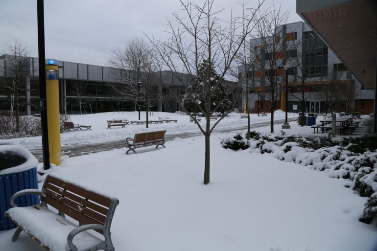 The area outside Humber College's North Campus remains largely covered by snow on Jan. 26, 2023.