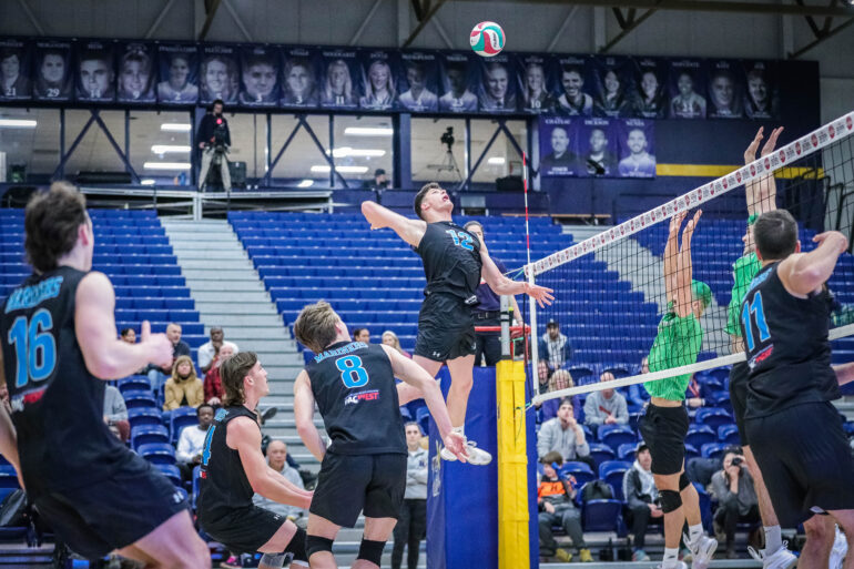 VIU Mariners outside hitter Lucas Torres strikes the ball towards the Sherbrooke Volontaires during their CCAA championship game on March 8, 2023.