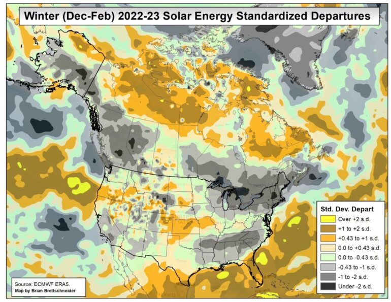 Solar Energy map of Ontario this winter (Dec.  2022 to Feb. 2023)