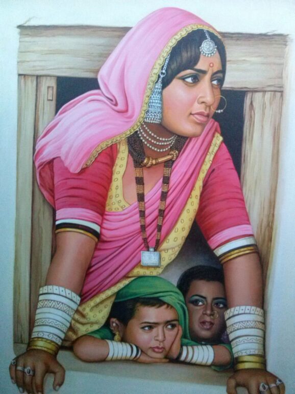 2022 First Place Juror's pick painting titled 'Indian Rural women' created by Global Business Management student Unnati Mundegesara Krishnamurthy