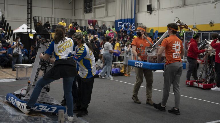 Robotics team set up for the match at the annual Humber College FIRST robotics competition on March 19.